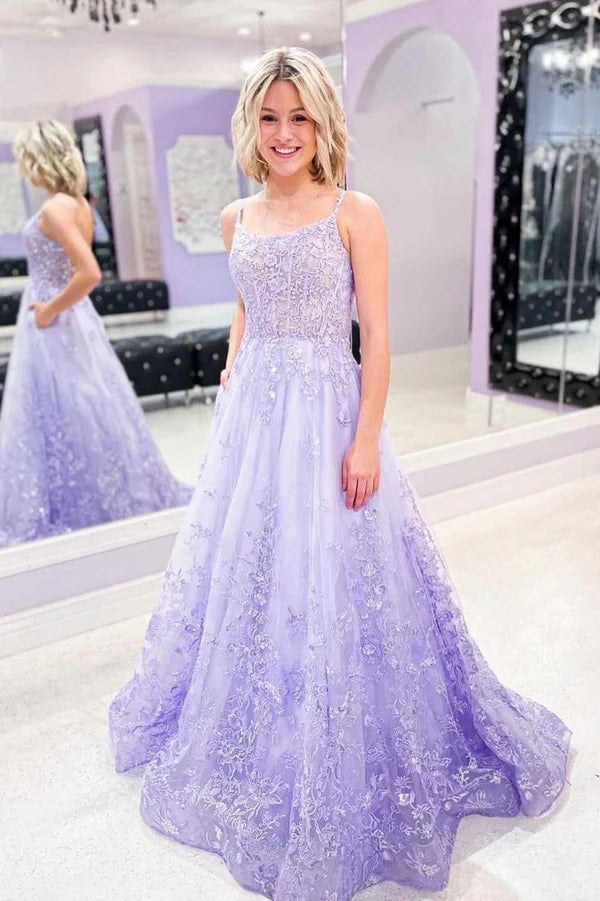 Purple Lace Long Formal Evening Dress A-Line Backless Party Dress